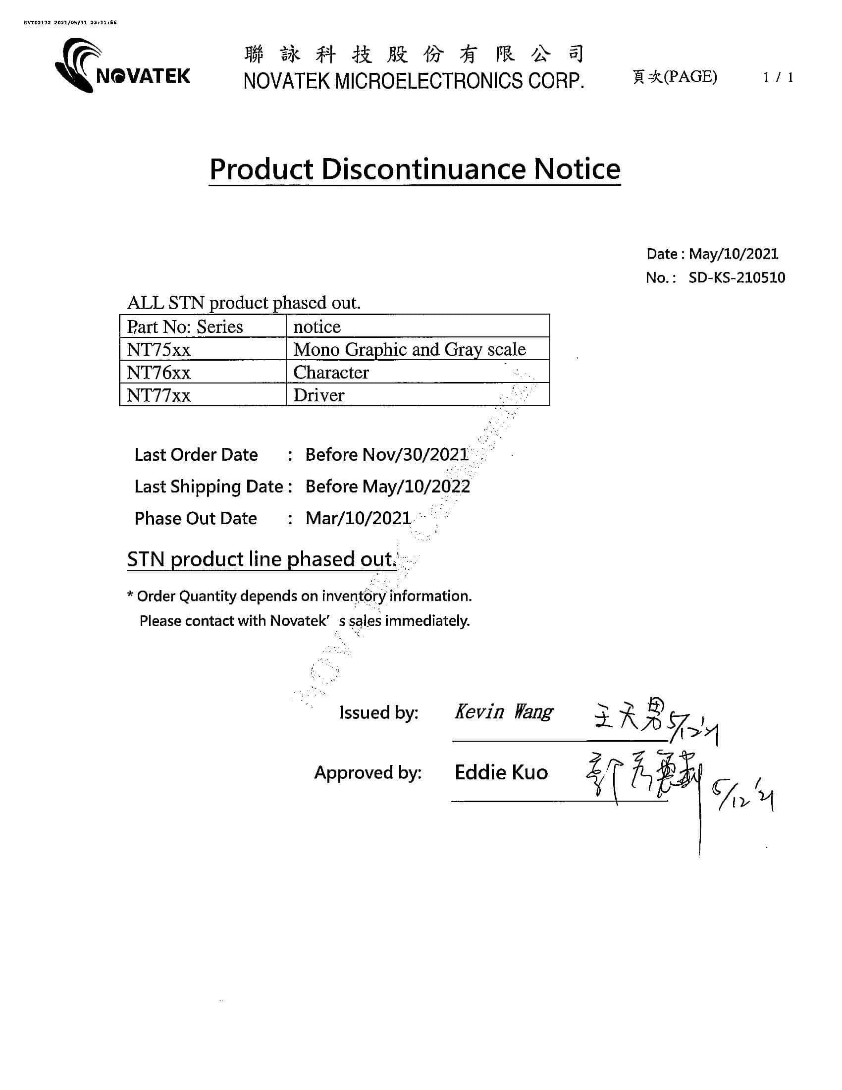 Aviso de descontinuación del producto Novatek ALL STN 20210528